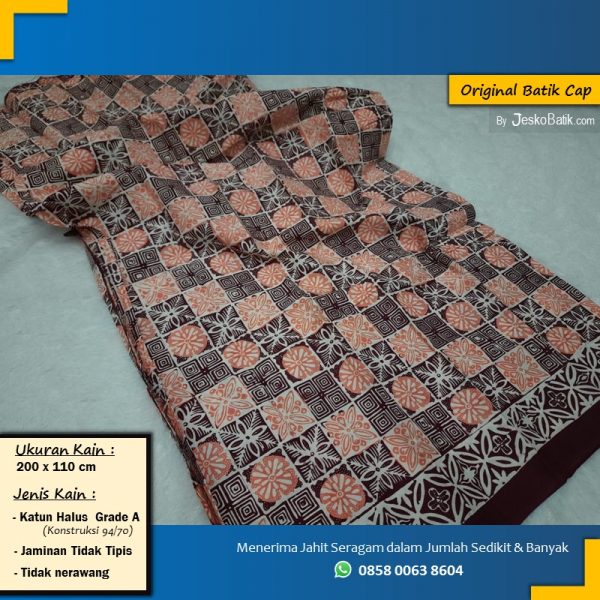 kain batik cap katun warna marun motif kotak bulat kecil